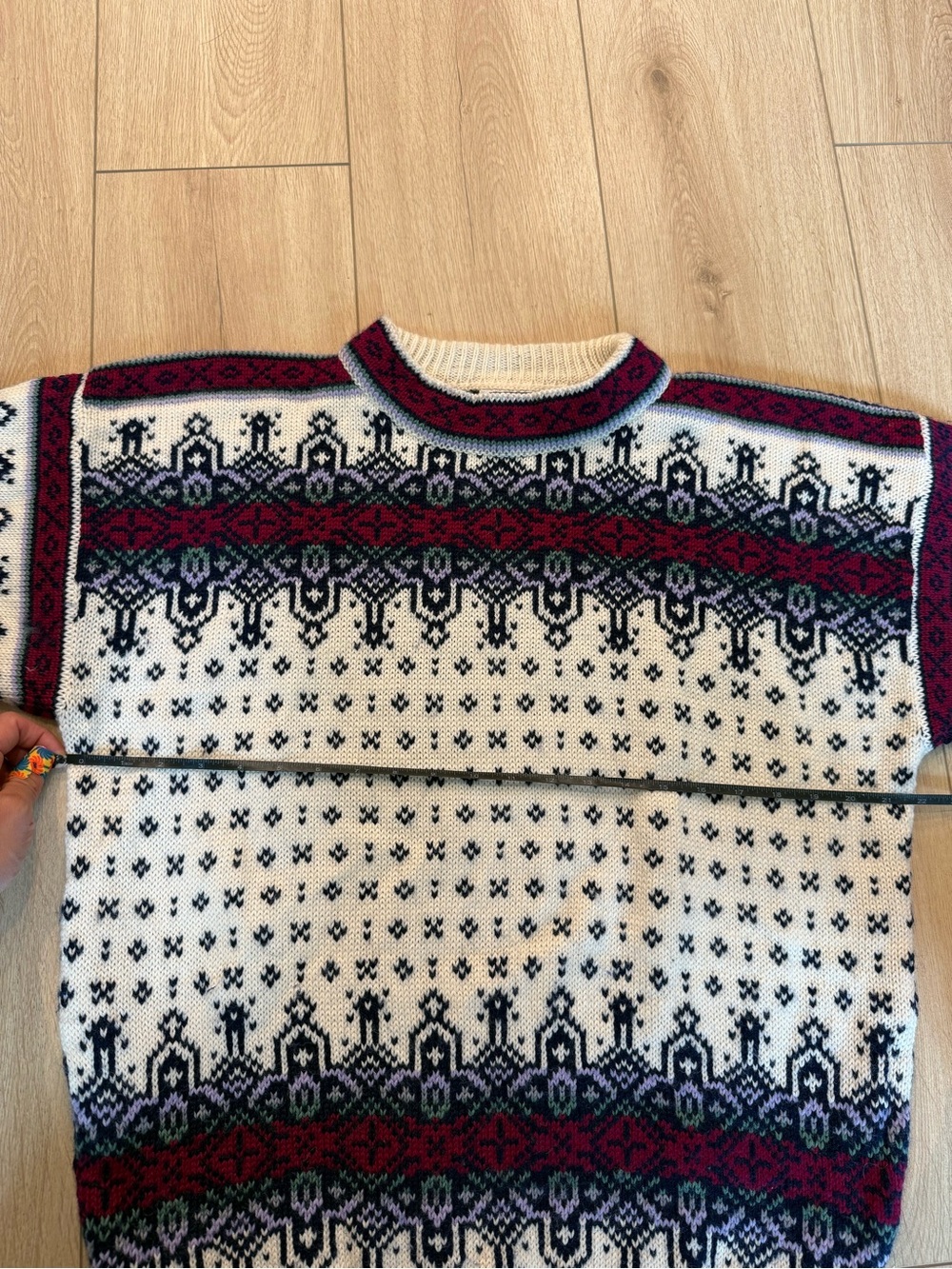 Dale of Norway Cream, Navy & Burgundy Fair Isle Crewneck Sweater - Picture 5 of 7